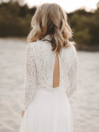 アイボリー ツーピース ドレス レース ジュエルネック Aライン マキシレングス バックレス 長袖 無料カスタマイズ