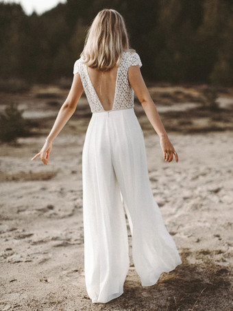 アイボリーブライダルジャンプスーツ シフォンレース フロアレングス Aライン ジュエルネック 半袖 ブライダルジャンプスーツ 無料カスタマイズ