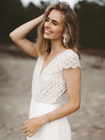 アイボリーブライダルジャンプスーツ シフォンレース フロアレングス Aライン ジュエルネック 半袖 ブライダルジャンプスーツ 無料カスタマイズ