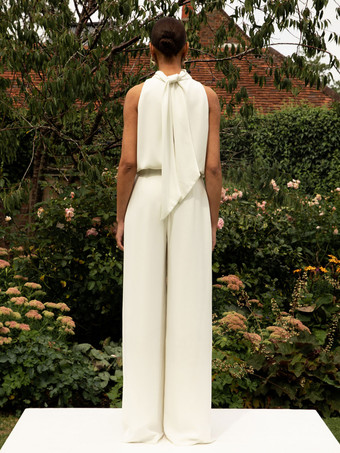 アイボリー ブライダル ジャンプスーツ マキシレングス Aライン ホルター ノースリーブ 無料カスタマイズ