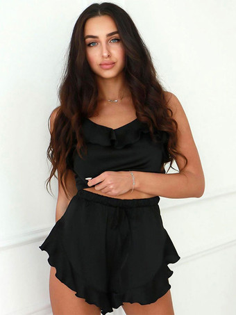 パジャマ 寝間着 ピンク フリル 2 ピース V ネック ノースリーブ シルクのようなランジェリー