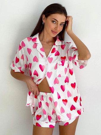 パジャマ パジャマ ホワイト ボタン ツートンカラー 2 ピース ターンダウンカラー 半袖 シルクのようなランジェリー