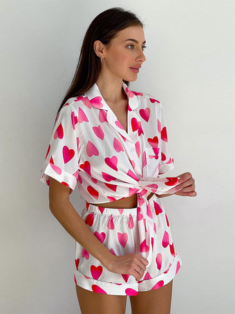 パジャマ パジャマ ホワイト ボタン ツートンカラー 2 ピース ターンダウンカラー 半袖 シルクのようなランジェリー