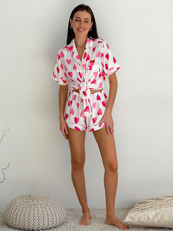 パジャマ パジャマ ホワイト ボタン ツートンカラー 2 ピース ターンダウンカラー 半袖 シルクのようなランジェリー