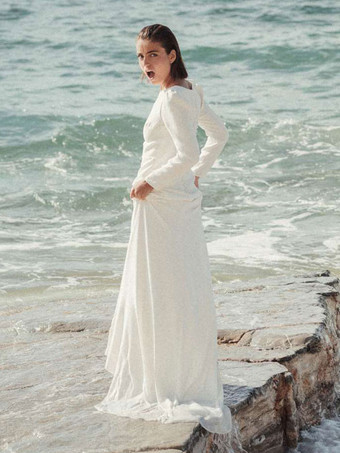 シンプルなウェディングドレス シース ジュエルネック 長袖 ボタン ブライダルドレス