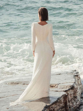 シンプルなウェディングドレス シース ジュエルネック 長袖 ボタン ブライダルドレス