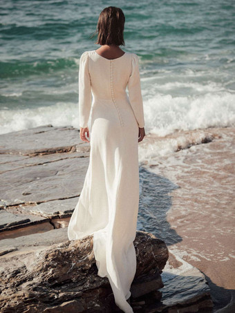 シンプルなウェディングドレス シース ジュエルネック 長袖 ボタン ブライダルドレス