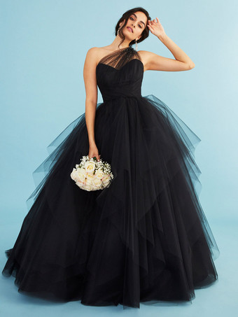 Black Wedding Dresses A-Line Sleeveless Tulle Bridal Gown