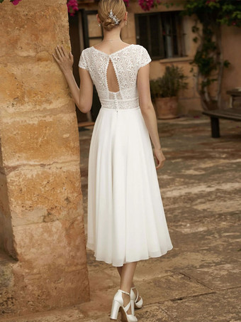 ウェディングドレス Vネック 半袖 Aライン ティーレングス ブライダルガウン