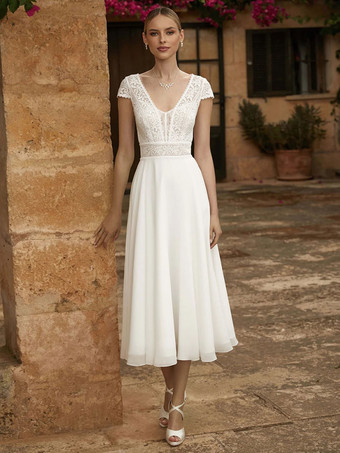 Wedding Dresses V-Neck Short Sleeves A-Line Tea-Length Bridal Gowns