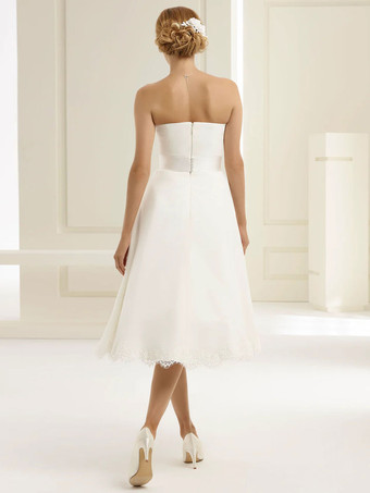 ヴィンテージウェディングドレス ティーレングス ストラップレス ノースリーブ レース ブライダルドレス