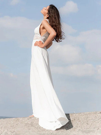 アイボリー ボヘミアン ウェディングドレス レース Aライン スイープウエスト ノースリーブ Vネック ブライダルドレス