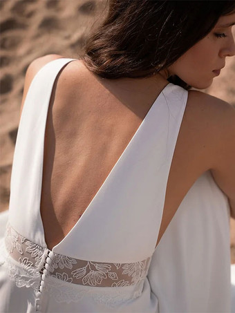 アイボリー ボヘミアン ウェディングドレス レース Aライン スイープウエスト ノースリーブ Vネック ブライダルドレス