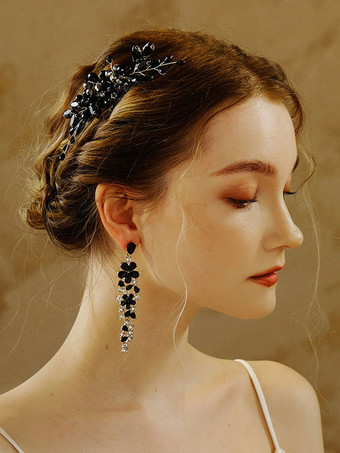 ブラック ヘッドピース ウェディングコーム メタル ブライダル ヘアアクセサリー