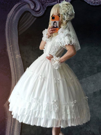 ホワイト スイートロリータドレス ポリエステル ノースリーブ ロリータ ウェディングドレス