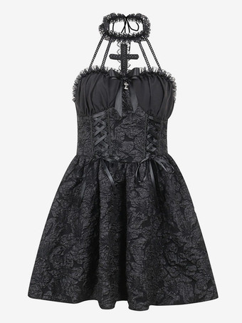   ゴスロリ ドレス フリル ジャカードノースリーブ ブラック