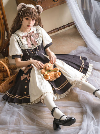 スイートロリータドレス ポリエステル半袖ドレス ロリータドレス