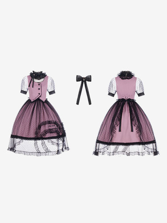 スイートロリータドレス ポリエステル半袖フリルドレス