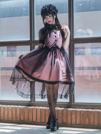 ピンクスイートロリータドレス ポリエステル半袖フリルドレス