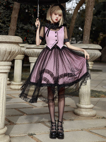 スイートロリータドレス ポリエステル半袖フリルドレス