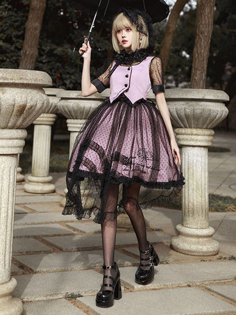 スイートロリータドレス ポリエステル半袖フリルドレス