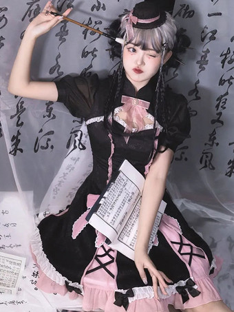 中国風ロリータドレス弓半袖ポリエステル中国風黒中国風ロリータ