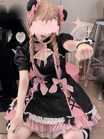 中国風ロリータドレス弓半袖ポリエステル中国風黒中国風ロリータ