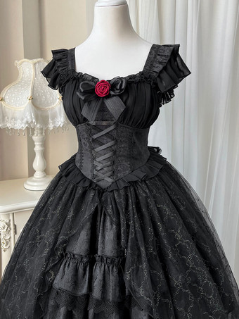   ゴスロリ ドレス ローズ レース ブラック ブラック