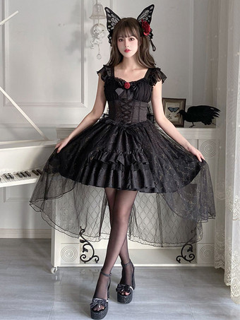   ゴスロリ ドレス ローズ レース ブラック ブラック