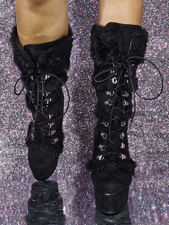 レディース ミッドカーフブーツ マイクロスエード アッパー ラウンドトゥ ウェッジヒール ブーツ