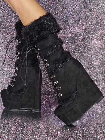 レディース ミッドカーフブーツ マイクロスエード アッパー ラウンドトゥ ウェッジヒール ブーツ