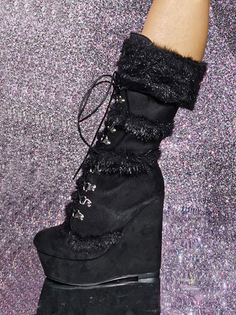 レディース ミッドカーフブーツ マイクロスエード アッパー ラウンドトゥ ウェッジヒール ブーツ