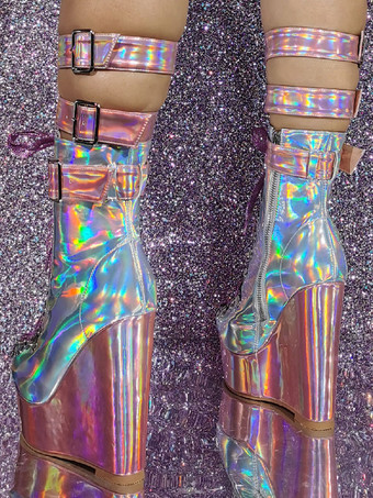 女性用パテントPUアッパーラウンドトゥウェッジヒールミッドカーフブーツ