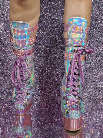 女性用パテントPUアッパーラウンドトゥウェッジヒールミッドカーフブーツ