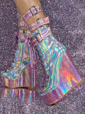 ソフトピンク女性用パテントPUアッパーラウンドトゥウェッジヒールミッドカーフブーツ