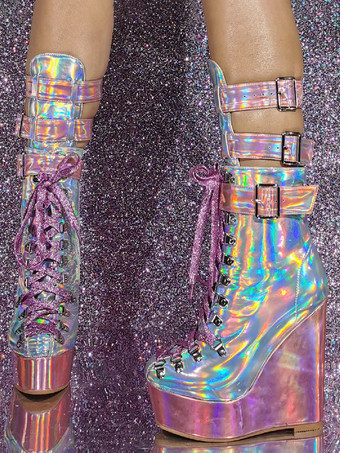 女性用パテントPUアッパーラウンドトゥウェッジヒールミッドカーフブーツ