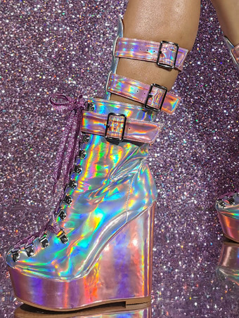 女性用パテントPUアッパーラウンドトゥウェッジヒールミッドカーフブーツ