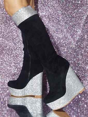 レディース マイクロ スエード アッパー ウェッジヒール ニーハイ ブーツ