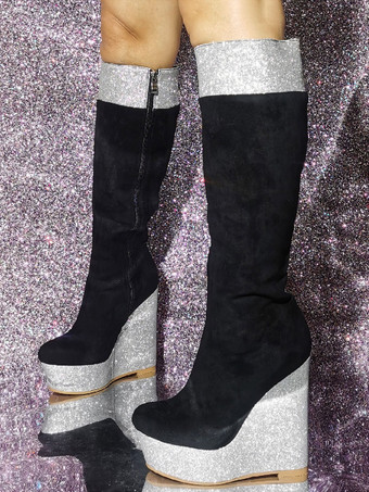 レディース マイクロ スエード アッパー ウェッジヒール ニーハイ ブーツ