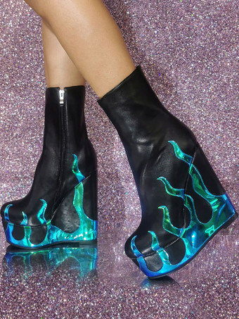 ブラック レディース フレイム ウェッジ ブーティ プラットフォーム ラウンドトゥ アンクルブーツ