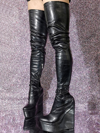 レディース ウェッジヒール サイハイ ブーツ PU レザー