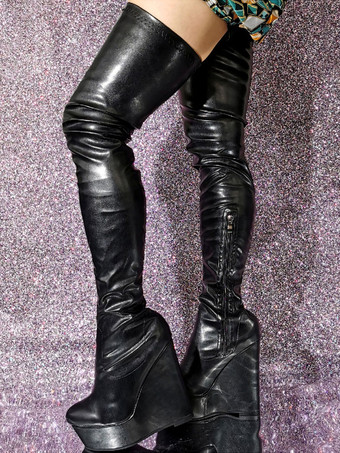 レディース ウェッジヒール サイハイ ブーツ PU レザー