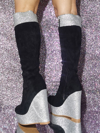 レディース マイクロ スエード アッパー ウェッジヒール ニーハイ ブーツ