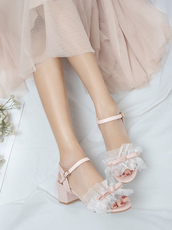 甘いロリータ サンダル フリル リボン ラウンド トゥ PU レザー パープル ロリータ サマー シューズ