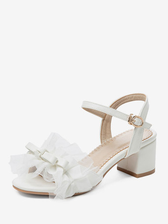 ホワイト 甘いロリータ サンダル フリル リボン ラウンド トゥ PU レザー パープル ロリータ サマー シューズ