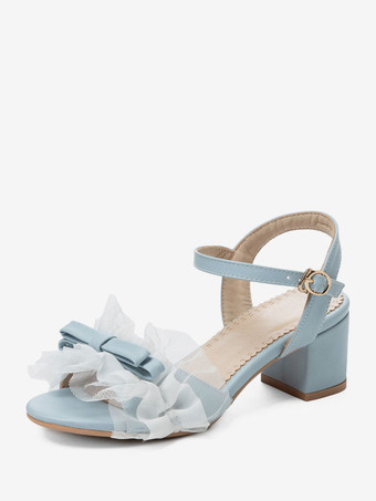 ライトスカイブルー甘いロリータ サンダル フリル リボン ラウンド トゥ PU レザー パープル ロリータ サマー シューズ