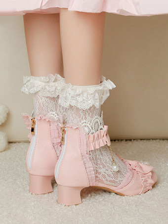 ROCOCO スタイル ロリータ サンダル エクリュ ホワイト リボン パール PU レザー ピープトウ ロリータ サマー シューズ