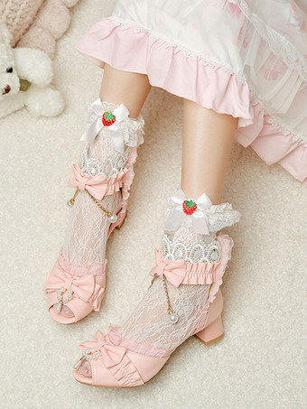 ROCOCO スタイル ロリータ サンダル エクリュ ホワイト リボン パール PU レザー ピープトウ ロリータ サマー シューズ