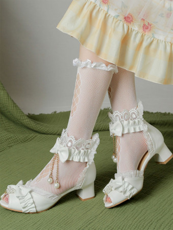 ROCOCO スタイル ロリータ サンダル エクリュ ホワイト リボン パール PU レザー ピープトウ ロリータ サマー シューズ