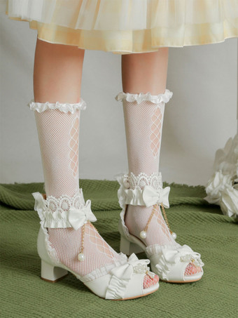 ROCOCO スタイル ロリータ サンダル エクリュ ホワイト リボン パール PU レザー ピープトウ ロリータ サマー シューズ